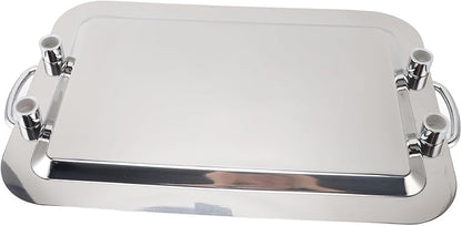Silver Tray with Stainless Steel Platter with Handle – Multifunction Portable Serving Tray for Restaurant & Hotel Buffet, Rectangle Shape, 47.5cm (Rectangle Shape with Silver Handle, 47.5cm)