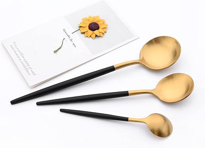 24-piece Snplowum Matte Gold Tableware, 18/10 Stainless Steel Utensils Heavy Serving Set With Black Handle For Dinner & Dessert Home Restaurant Flatware Set, Service For 4 (Black Gold)
