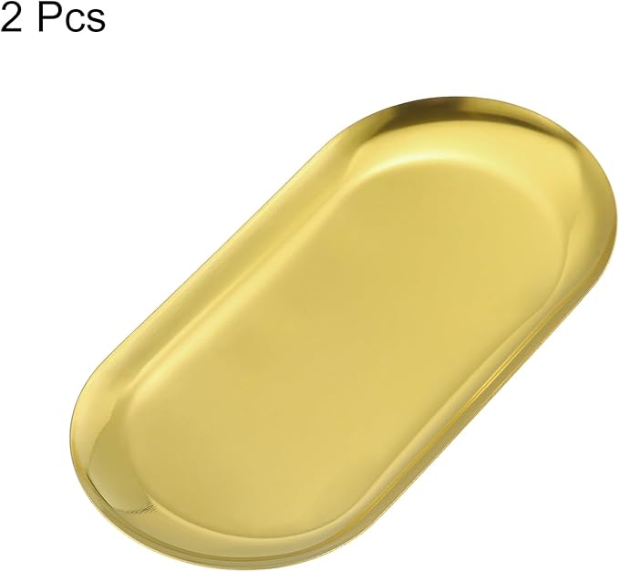 uxcell 2pcs Stainless Steel Decorative Trays, Bathroom Trays, Makeup Cosmetic Trays, Small Serving Trays for Candles Dessert Tray(Gold, 7 x 3.3 Inch)