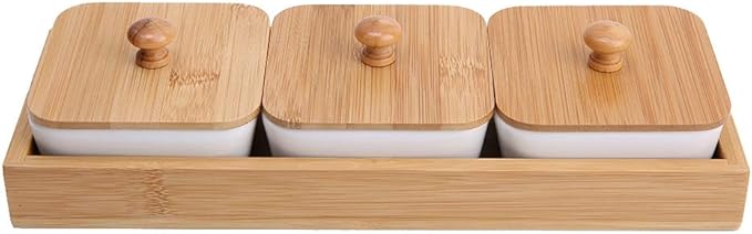 White Ceramic Snack Serving Plate with Tray Cover, BPAFree, Easy Care, Ideal for Fruits and Appetizers, Office Pantry (Three compartments with lid)
