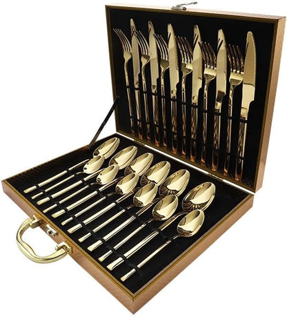 Stainless Steel Flatware serving set,Home Kitchen Eating Tableware Set,Dishwasher Safe,For Home Kitchen Restaurant Hote 24-piece Stainless Steel Cutlery Set Thickened Knife, Fork And Spoon(Gold)(Gold)
