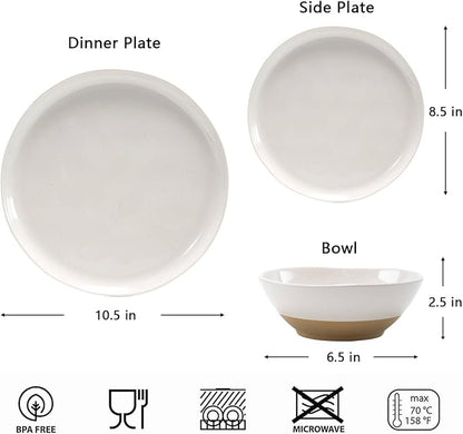 FINE&NICE Melamine Dinnerware Sets of 12 Pcs, Unbreakable Plates and Bowls Set for 4, Dinner Dishes Set for for Patio, RV and Camping, Dishwasher Safe (White with Brown)