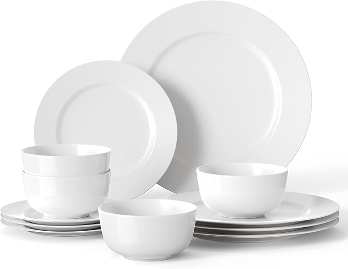 16 Pieces Plates and Bowls Sets, White Porcelain Dinnerware Sets, Ceramic Dishes Set Service for 4, White Kitchen Dinner Dining Ware Set