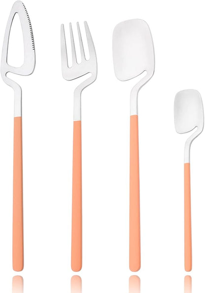 24pcs Household Cutlery Set, Matte Metal 18/10 Stainless Steel kitchen Utensils With Nice Coloured Handles For 6 People, Gift Box Packaged (Orange Silver)