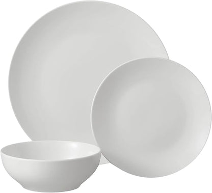 12 Piece Dinnerware Set - Glazed White Stoneware Plates, Bowls, Durable Ceramic Dish Set for Everyday Use, Dishwasher & Microwave Safe