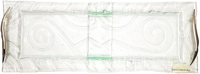 Decorative Long Art Glass Serving Tray with Silver Metal Handles