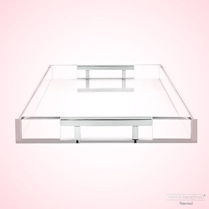 Modern 16"x12" Rectangle Acrylic Lucite Plastic Decorative Serving Tray with Silver Stainless Steel Metal Handles for Home Decor Ottoman Coffee Table Food Fruits Lap Vanity Perfume by Home Redefined