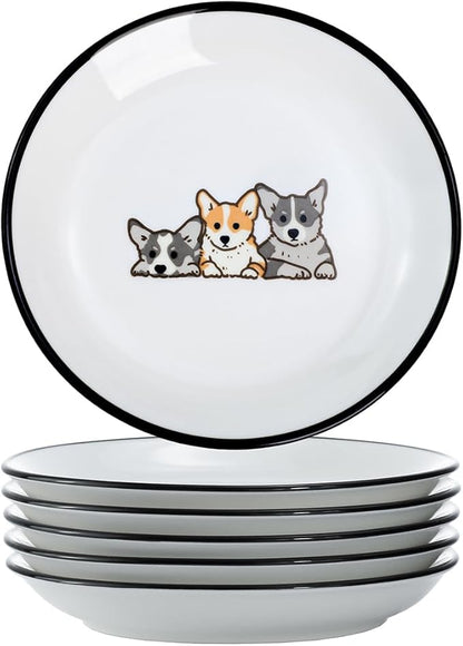 Cute Cartoon Animals Pattern Ceramic Sauce Dishes, Seasoning Dishes, Sushi Soy Dipping Bowls, Appetizer Plates, Dessert Plates, Little Cat Bird Feeding Bowls, Set of 6-Corgi-A-5 Inch