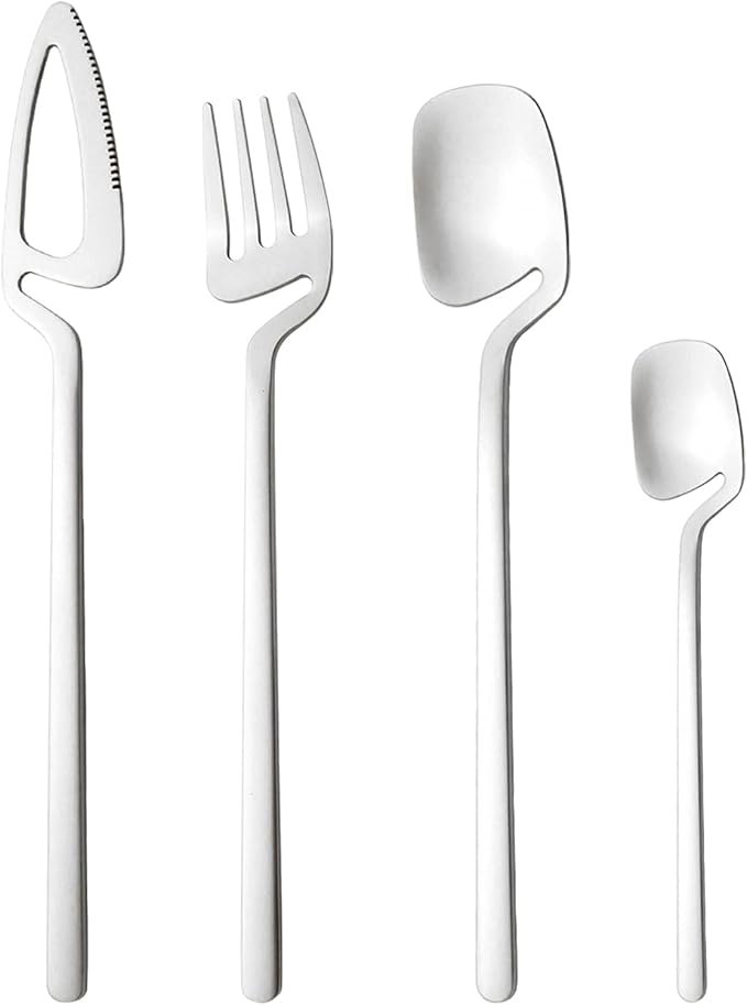 Hangable & Uinque Matte Silverware Flatware Set, 8-Pieces 18/10 Stainless Steel Cutlery Set Suitable For Family Couple Student Office Restaurant Party, Service for 2 (Silver)