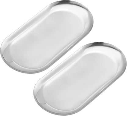 uxcell 2pcs Stainless Steel Decorative Trays, Bathroom Trays, Makeup Cosmetic Trays, Small Serving Trays for Candles Dessert Tray(Silver, 7 x 3.3 Inch)