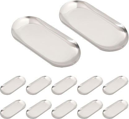 10 Pack Stainless Steel Decorative Tray, Thicken Silver Decorative Tray 7 inch, Oval Jewelry Dish Bathroom Vanity Tray Small Serving Tray Candle Holder Cosmetics Tray Perfume Tray