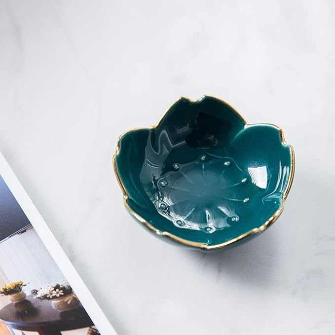 Cabilock Ceramic Seasoning Dishes Set of 2 Green Flower Shaped Dipping Bowls 2.8 Inch Small Plates for Sauces Condiments Appetizers