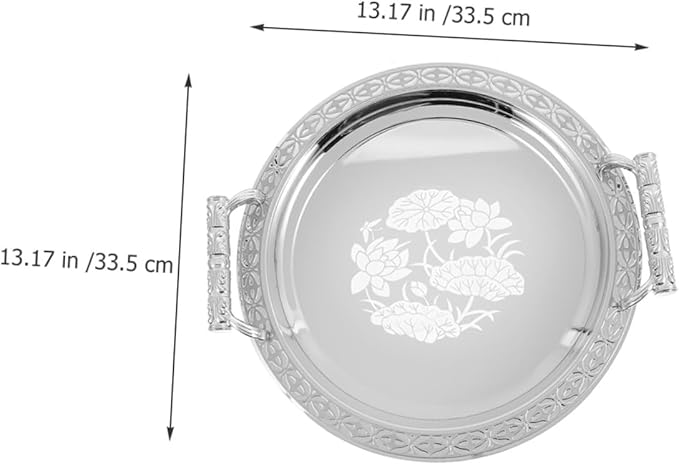 Round Floral Pattern Beverage Serving Tray Elegant European Style Decorative Plated Snack and Fruit Plate Stainless Steel Storage Holder for Residential and Hospitality Use Silver