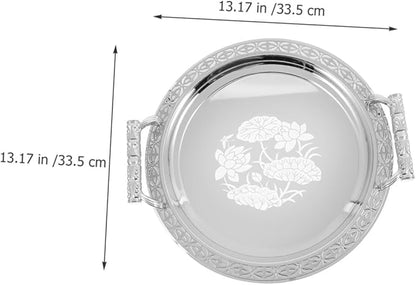 Round Floral Pattern Beverage Serving Tray Elegant European Style Decorative Plated Snack and Fruit Plate Stainless Steel Storage Holder for Residential and Hospitality Use Silver
