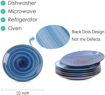Selamica Ceramic 10 inch Dinner Plates, Large Pasta Dessert Salad Plates, Porcelain Serving Plate for Appetizer, Pancakes, Steak, Set of 6, Black Speckles, Gradient Blue