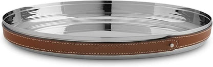 Nambe Tahoe Bar Tray | Stainless Steel Organizing Tray with Raised Edges and Leather Accent | Decorative Round Metal Serving Tray | 13in Removable Leather Accent