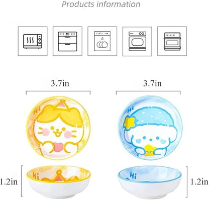 Cartoon Cat Dog Pig and Rabbit Pattern Mini Ceramic Tableware 3.8in Tomato Sauce Plate Sushi Plate Appetizer Plate 4-piece Set