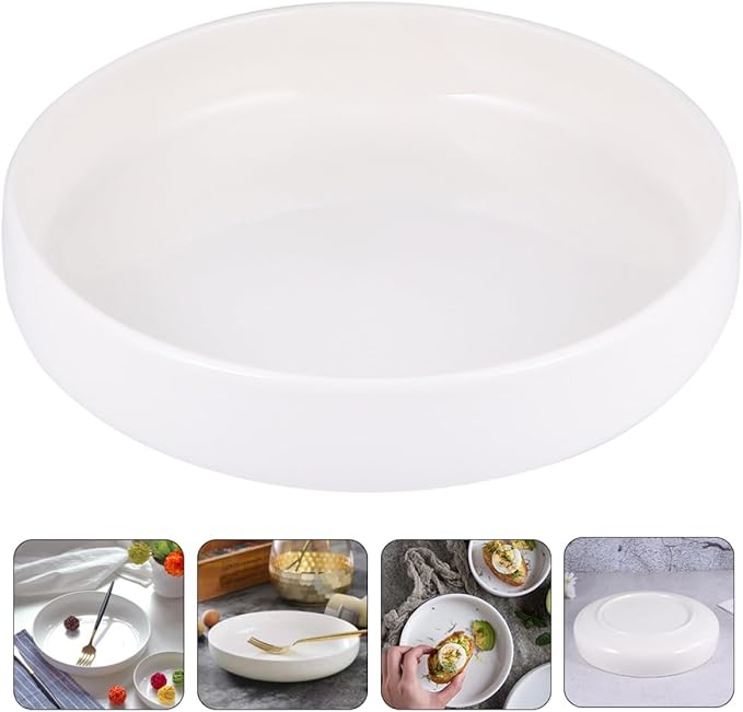 Ceramic Shallow Food Serving Plate for Western Cuisine, 21cm Glossy White Pasta and Noodles Dish, Porcelain Appetizer Plate for Home Dining and Restaurant Use