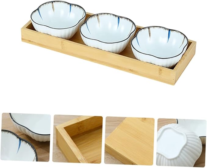 Japanese Style Snack Plate Set Ceramic Divided Dish with Wooden Tray for Dried Fruits Appetizers and Dipping Sauces for Home and Restaurant Use