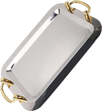 Stainless Steel Serving Plate, Elegant Mirror Finish Serving Tray Reusable Unbreakable Modern Kitchen Plates Golden with Handle for Hotel Restaurant Banquet (Rectangular (Length 18.7in))