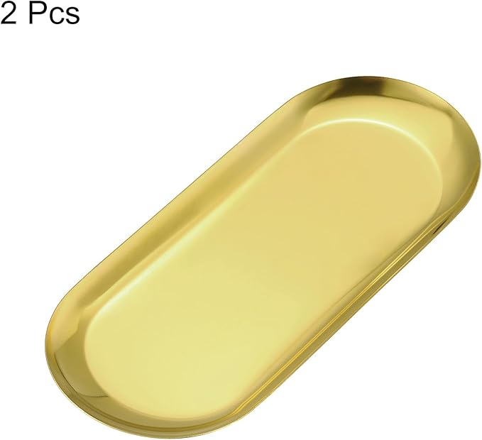 uxcell 2pcs Stainless Steel Decorative Trays, Bathroom Trays, Makeup Cosmetic Trays, Small Serving Trays for Candles Dessert Tray(Gold, 9 x 3.5 Inch)