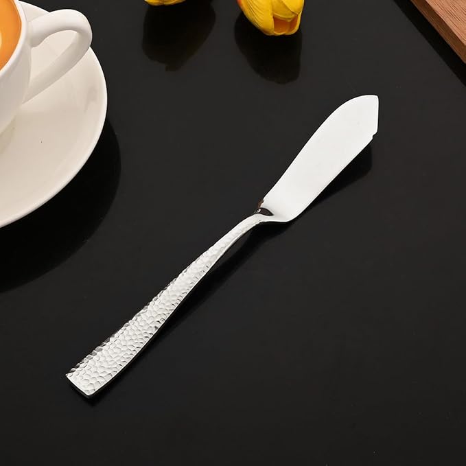 JASHII 5-Piece Silver Hammered Flatware Hostess Set Stainless Steel Serving Fork Slotted Serving Spoon Butter Knife Teaspoon Set for Buffet Party Mirror Polished Dishwasher Safe