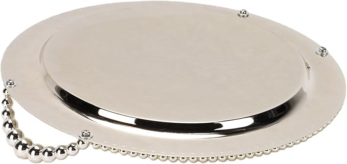 12.4 Inch Round Metal Serving Tray with Handles, Silver Iron Fruit Platter for Camping BBQ Picnic, Stackable Party Tray for Grilled Meats Pizza Salads