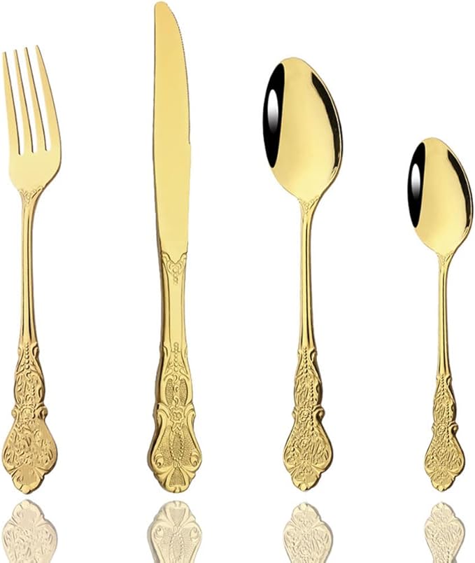 JASHII Palace Gold Silverware Set 4 Piece Family Dinnerware Set Flatware Set for 1 Silver Tableware Set Great for Family Gatherings & Daily Use-Spoons, Knives, Teaspoons, Forks (Gold）