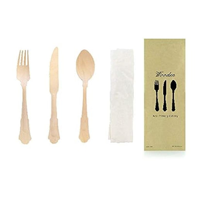 PacknWood 210WRENK44-Wooden Cutlery Set for Serving-Biodegradable Bamboo Perfect for Serving,Silverware set,Tasting or Eating-Wood Cooking Set [Fork,Knife,Napkin & Spoon] (“8.5” in)-(Case of 100)