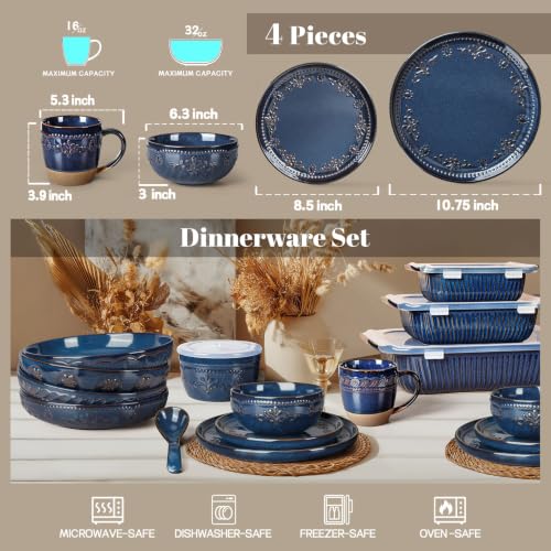4 Piece Handcrafted Ceramic Dinnerware Set with Mugs (Damask Floral (4 Pieces) (Blue))