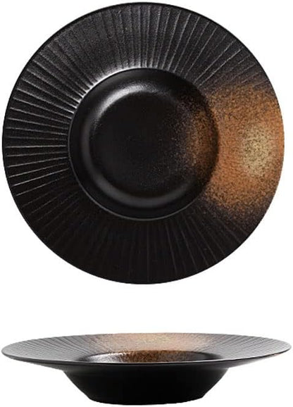 Kitchen Plates Fruit Snack Bowl 10-inch Steak Ramen Plate Ceramic Serving Plate Suitable for Home Kitchen Restaurant Black Restaurant Plates(B)