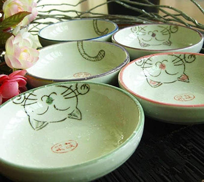 123Arts 5pcs Ceramic Cat Seasoning Dishes Sushi Dipping Bowl Appetizer Plate Dessert Plate