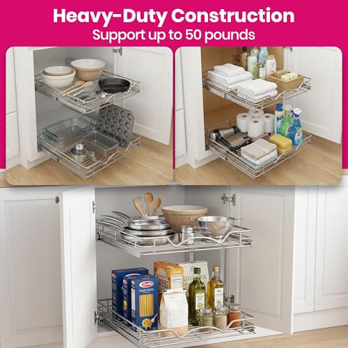 2-Tier Pull-Out Cabinet Organizer for Kitchen, 17" W x 21”D x 16.5" H (17 Inch / Two Tier)