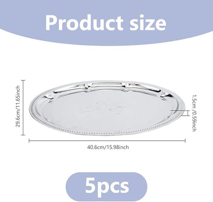 DICOSMETIC 5Pcs Large Silver Serving Trays Set 16x11.65x0.59 Inch Stainless Steel BBQ Grill Trays Oval Flower Engraved Tray Metal Serving Platter for Food Cookies Desserts Table Party Home