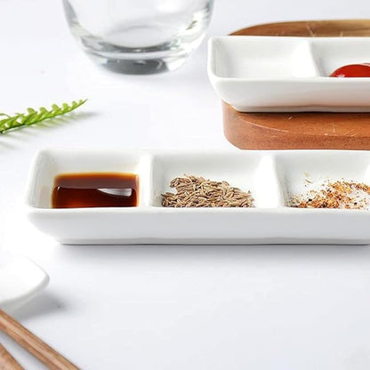 Condiment Tray Sauce Dish White Ceramic 3 Compartment Divided Soy Sauce Dishes Dipping Plates for Spice Dish Soy Sauce Vinegar Sushi Ketchup or Appetizer(2 Pack) Dip Sets