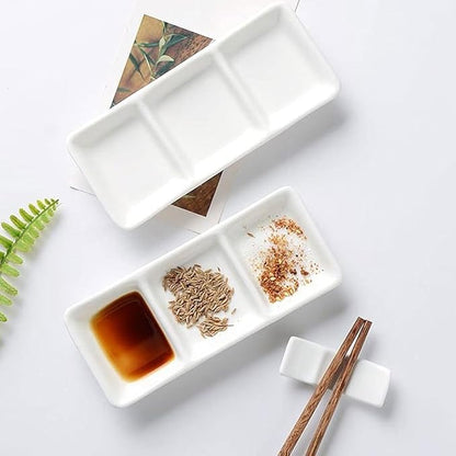 Condiment Tray Sauce Dish White Ceramic 3 Compartment Divided Soy Sauce Dishes Dipping Plates for Spice Dish Soy Sauce Vinegar Sushi Ketchup or Appetizer(2 Pack) Dip Sets