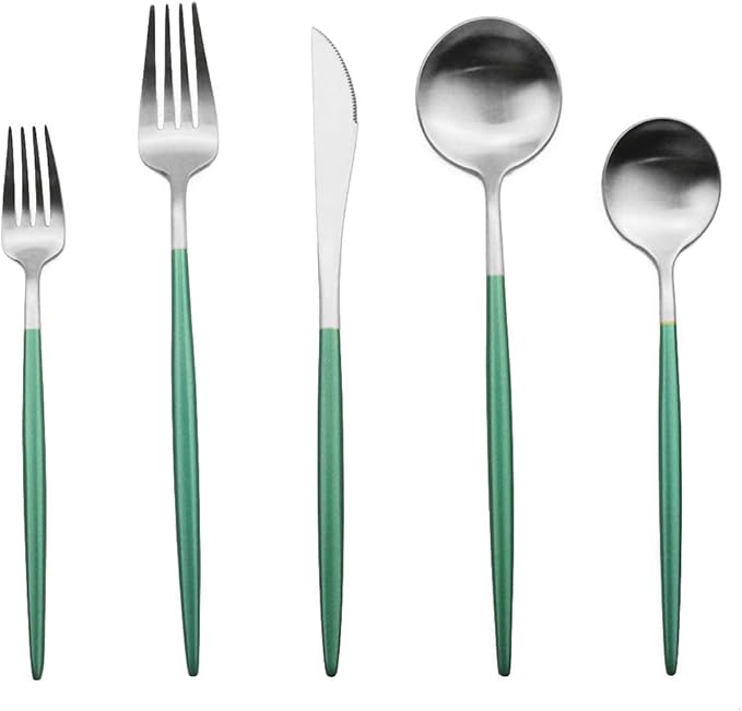 Gugrida Luxury Flatware, Royal 5 Piece Matte White Handle 18/10 Stainless Steel Tableware Sets for 1 Including Forks Spoons Knives, Camping Silverware Travel Utensils Set Cutlery (Green Silver)
