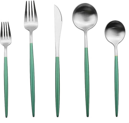 Gugrida Luxury Flatware, Royal 5 Piece Matte White Handle 18/10 Stainless Steel Tableware Sets for 1 Including Forks Spoons Knives, Camping Silverware Travel Utensils Set Cutlery (Green Silver)