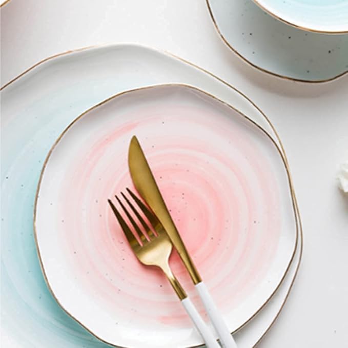 Dinnerware Sets Dish Set,8 Pcss,Irregular Porcelain Tableware Set with Plates Dish and Bowls,Pink Blue and White Ceramic Dinner Set