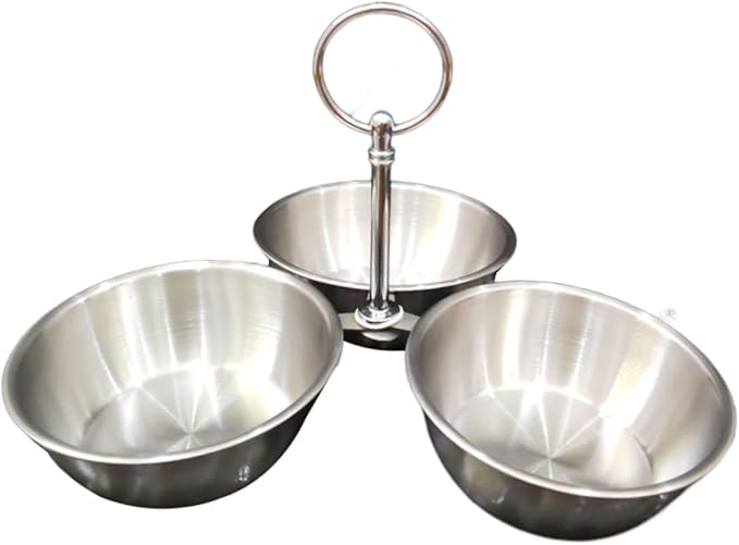 Snack Serving Bowl Divided Serving Tray Chip Dips Serving 3 Section Snack Stand with Bowls for Candy Dessert Fruit Sauce Dips, Silver
