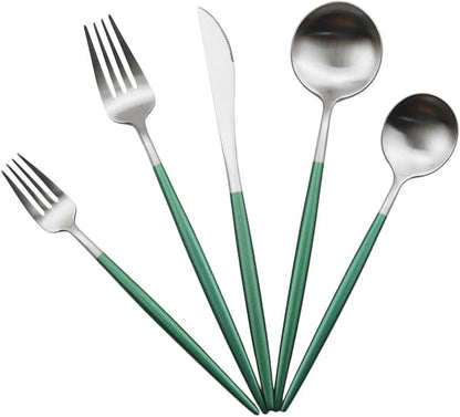Gugrida Luxury Flatware, Royal 20 Piece Matte White Handle 18/10 Stainless Steel Tableware Sets for 4 Including Forks Spoons Knives, Camping Silverware Travel Utensils Set Cutlery (Green Silver)