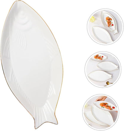 STOBAZA Ceramic Fish Serving Plate Gold Trim Decorative Dish for Appetizers and Snacks for Home Use and Entertaining Elegant Steaming Plate for Fish Dishes