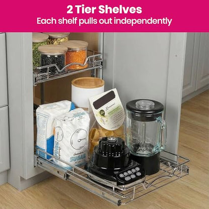 2-Tier Pull-Out Cabinet Organizer for Kitchen, 17" W x 21”D x 16.5" H (17 Inch / Two Tier)