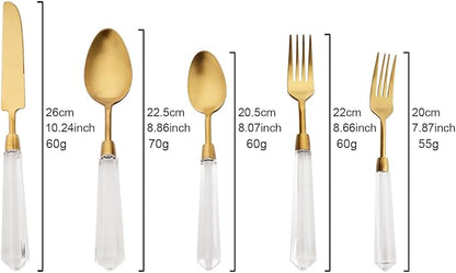 JASHII 5pcs Gold 304 Stainless Steel Flatware Cutlery Set with Transparent Acrylic Handle Diamond Shape, Matte Knife Fork Spoon Set, Dishwasher Safe for Home Wedding Hotel