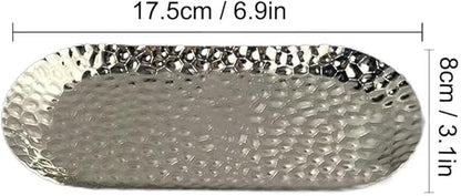 Mini Serving Platter Stainless Steel Serving Tray Hammered Oval 6.9 x 3.1 Inch Small Dessert Plates Coffee Table Tray Decorative Plates for Kitchen Party Silver