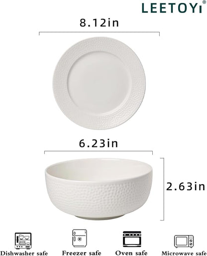 LEETOYI Ceramic Dinnerware Set, 26 OZ Bowl with Plates, Tableware for Kitchen and Formal Dining Used for Cereal, Salad, Pasta, Soup, Dessert, Dishwasher & Microwave Safe, White