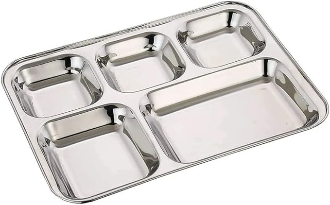 Satre Online and Marketing Stainless Steel Rectangle/Square 5 Section Compartment Lunch Plate Tray Set of 2