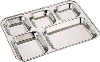 Satre Online and Marketing Stainless Steel Rectangle/Square 5 Section Compartment Lunch Plate Tray Set of 2