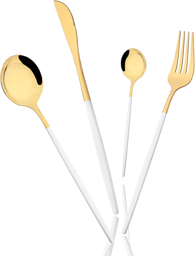 8-Piece Picnic Tableware Set, Mirror 18/0 Stainless Steel Couple Cutlery Set Include Knife, Fork, Spoon, Coffee Spoon, Metal Daily Basic & Classic Utensils For 2 People, White Gold