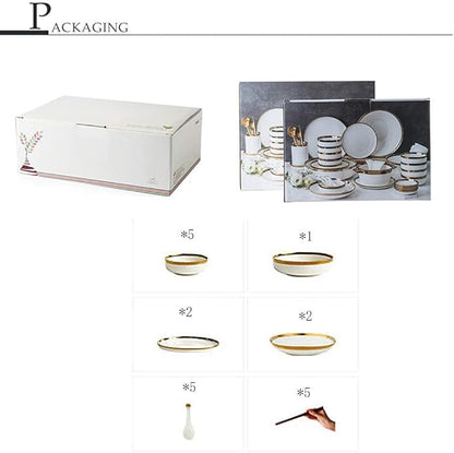 Party Tableware Set,Fine Dinnerware Set,Gold Halo White Porcelain Dinnerware Set,Complete Ceramic Plates and Bowls Sets